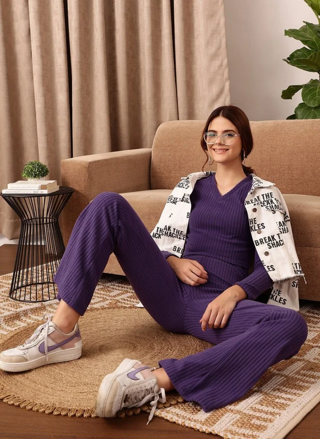 STREET 9 Purple V-Neck Knitted Top for Women