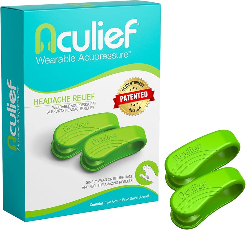 Aculief 2-Pack Wearable Natural Acupressure Support for Relaxation, Headache, Migraine, Stress Alleviation & Tension Relief, Soothes Muscle Pain Simple & Effective (X-Small/Green)