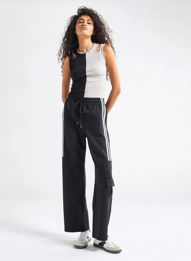 Splash FAV Solid Tape Detail Wide Leg Pants with Cargo Pockets and Drawstring Closure