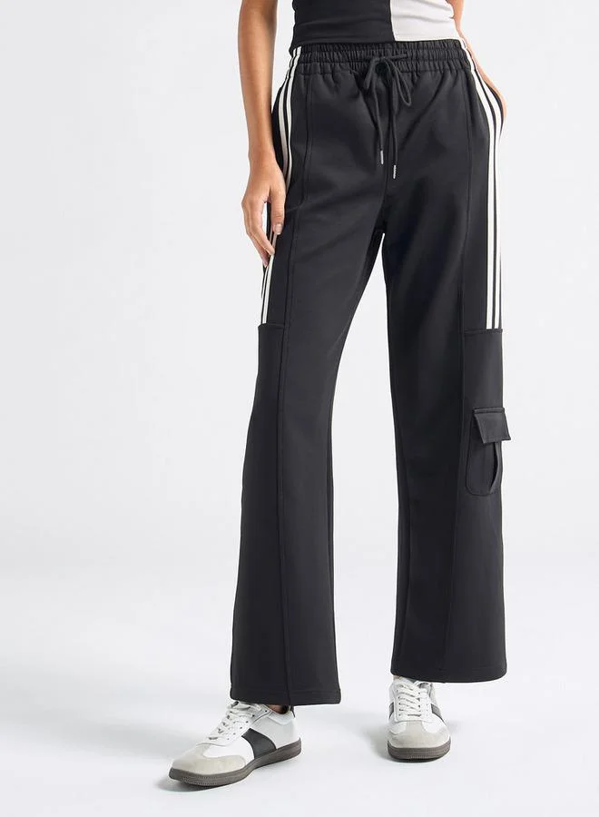 Splash FAV Solid Tape Detail Wide Leg Pants with Cargo Pockets and Drawstring Closure