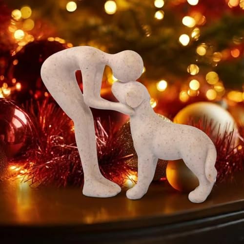 FriyGardcn Abstract Resin Hand-Painted Sculpture of Person and Dog Bonding – Head-to-Head Intimate Figurine Decoration for Office、Living Room、Bedroom、Home， Memory Gifts for Pet Lovers (Sandstone) - Image 3