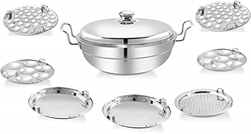 WayMore® Stainless Steel Idli Cooker with Induction Bottom (28.5 cm) | 7-in-1 Big Size Multi Kadai Steamer with 7 Plates (Idli, Mini Idli, Dhokla, Patra & Momos) - Image 1