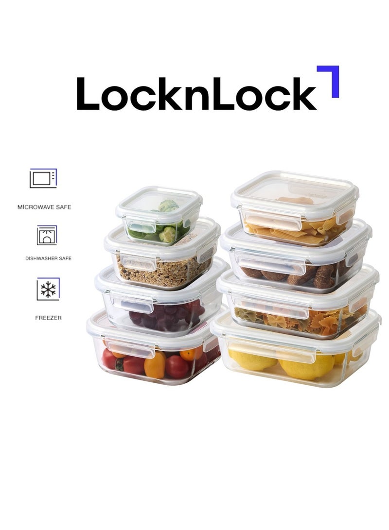 LocknLock طقم حاويات طعام زجاجية مقسمة من لوكن لوك 8 قطع | محكمة الإغلاق، مقاومة للتسرب، آمنة للفرن والميكروويف | مزيج مستطيل ومربع (370 مل – 1500 مل)  - Image 1