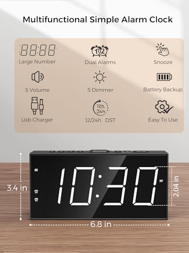 PPLEE Alarm Clock for Bedroom, 2 Alarms Loud LED Big Display Plug in Simple Basic Digital Clock with USB Charging Port, Adjustable Volume, Dimmable, Snooze for Deep Sleepers Kids Elderly Home Office - Image 2