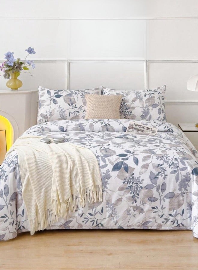 LUNA Home King size 6 pieces bedding set, grey and blue  leaf floral pattern soft skin frendly duvet cover set. - Image 1