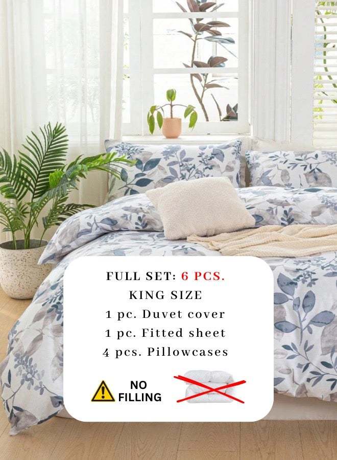 LUNA Home King size 6 pieces bedding set, grey and blue  leaf floral pattern soft skin frendly duvet cover set. - Image 3