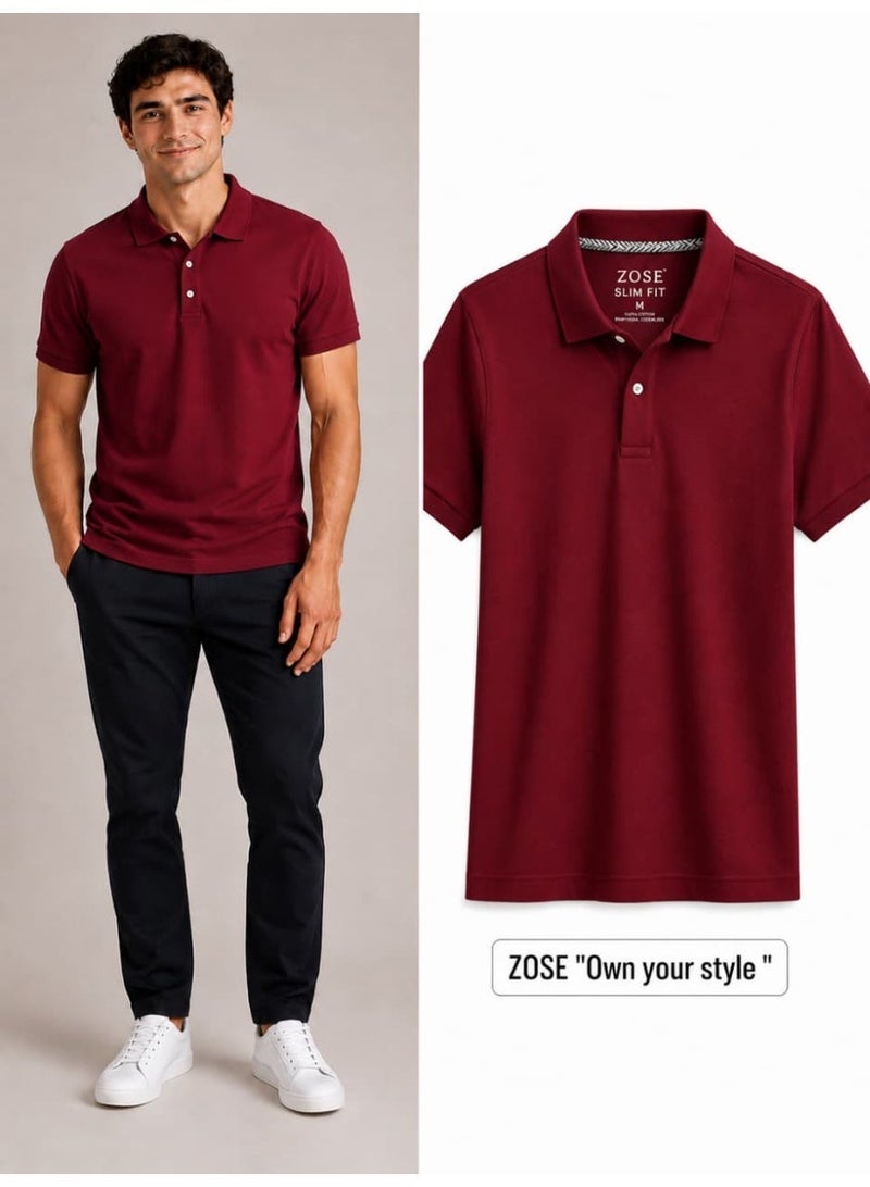 Zose Men's Slim Fit Polo T-Shirt, Classic Collar, Short Sleeve, Maroon Red - Image 1