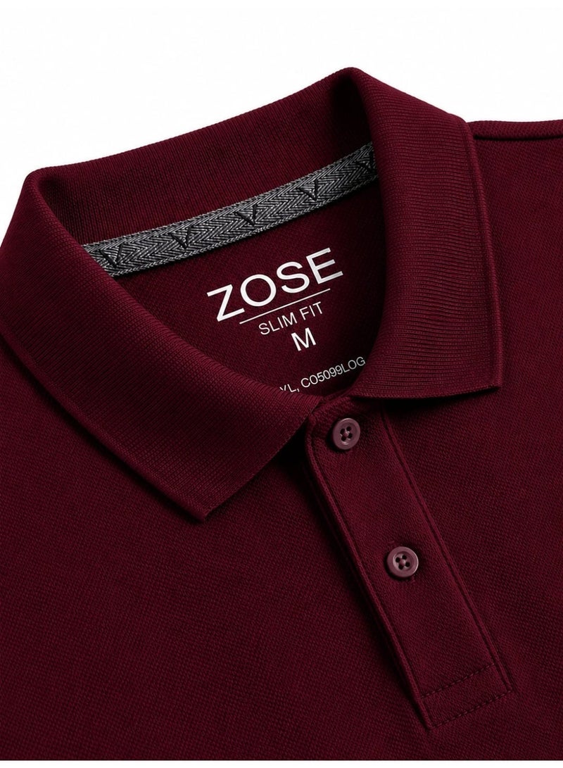 Zose Men's Slim Fit Polo T-Shirt, Classic Collar, Short Sleeve, Maroon Red - Image 3