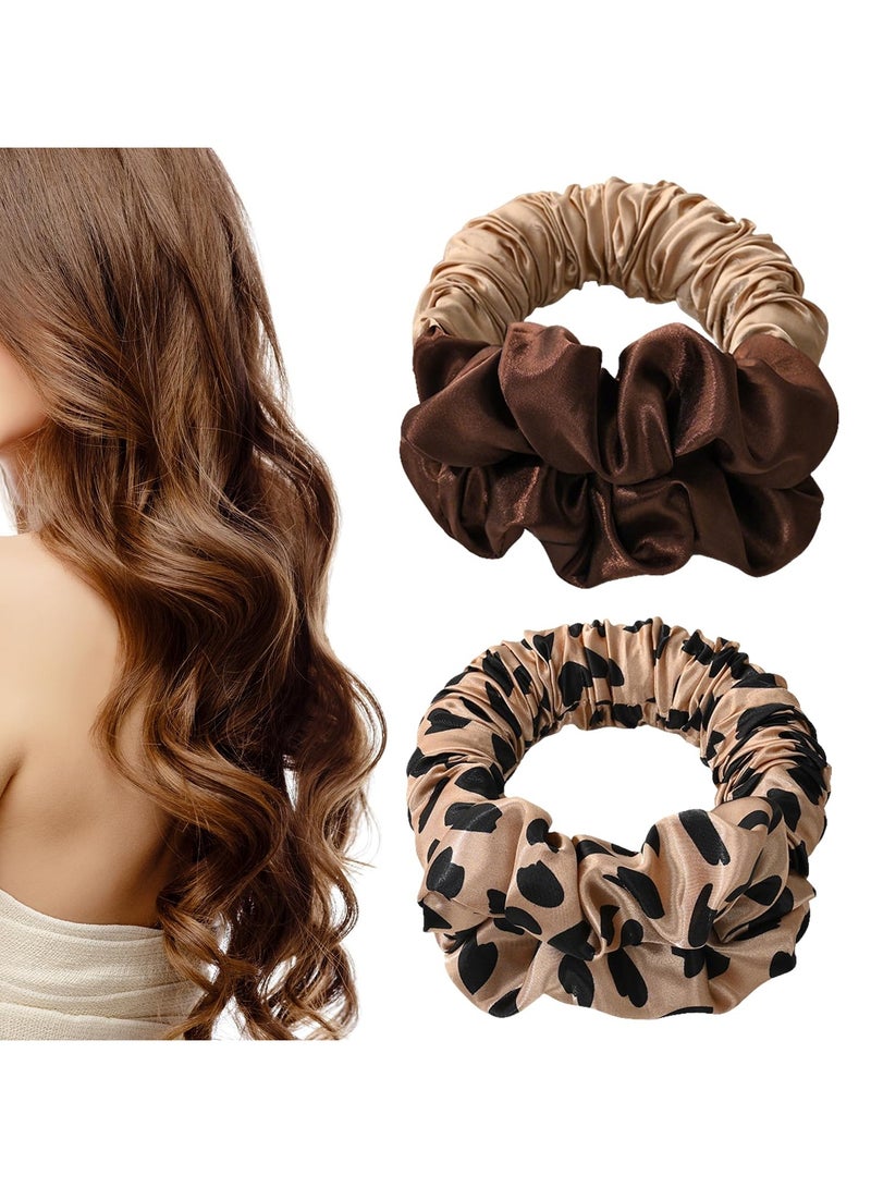 اترجسز 2 حزمة حرارة الشعر Curler بين عشية وضحاها للنوم في ، حرارة Curling Scrunchie للنساء ناعمة الحرير الكسل بكرات الرأس للشعر الطويل بين عشية وضحاها.  (بني + بني النمر) - Image 1