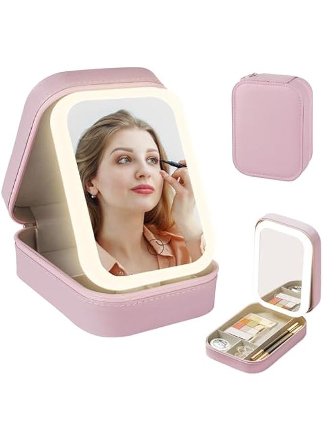 Generic Travel Makeup Jewelry Case with LED Mirror, Small Makeup Bag with Lighted Mirror, Three-Color Adjustable Makeup Mirror Storage Box, Portable Organizer Vanity Case for Women Beauty Tools, Pink,  - Image 1