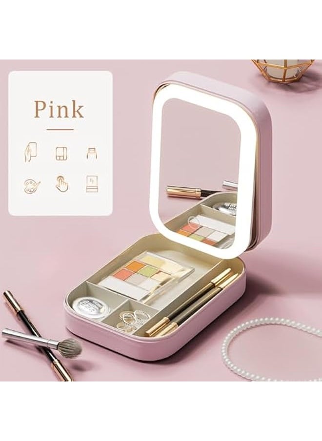 Generic Travel Makeup Jewelry Case with LED Mirror, Small Makeup Bag with Lighted Mirror, Three-Color Adjustable Makeup Mirror Storage Box, Portable Organizer Vanity Case for Women Beauty Tools, Pink,  - Image 4
