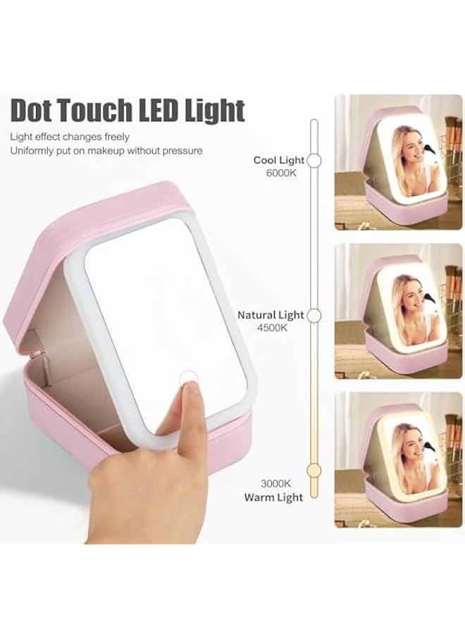 Generic Travel Makeup Jewelry Case with LED Mirror, Small Makeup Bag with Lighted Mirror, Three-Color Adjustable Makeup Mirror Storage Box, Portable Organizer Vanity Case for Women Beauty Tools, Pink,  - Image 3