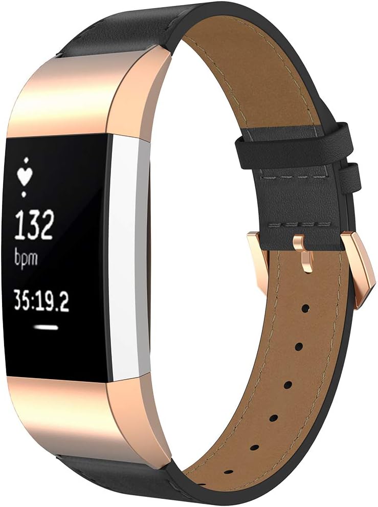 Simpeak Leather Band Compatible with Fitbit Charge 2 Only Genuine Leather Wristband Strap Replacement for Fitbit Charge2 Black BandRose Gold Adaptor - Image 3