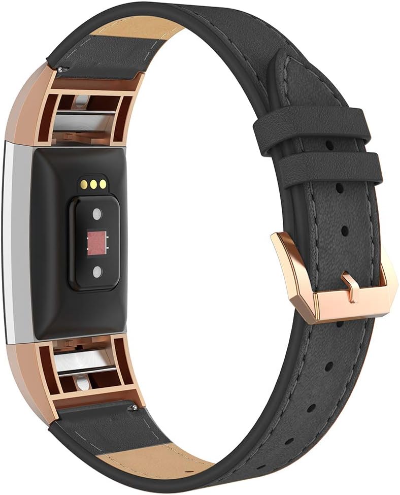 Simpeak Leather Band Compatible with Fitbit Charge 2 Only Genuine Leather Wristband Strap Replacement for Fitbit Charge2 Black BandRose Gold Adaptor - Image 1