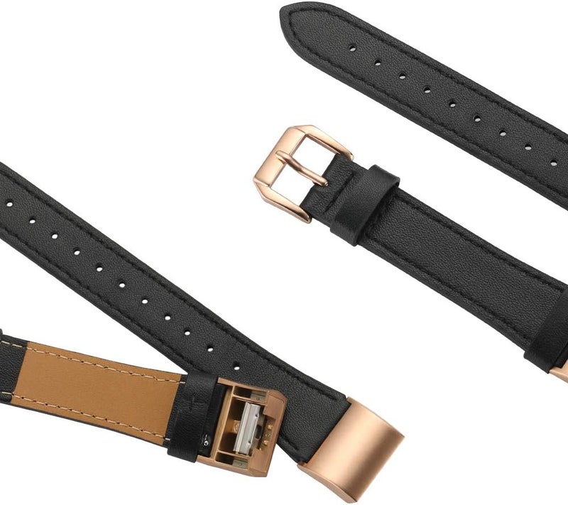 Simpeak Leather Band Compatible with Fitbit Charge 2 Only Genuine Leather Wristband Strap Replacement for Fitbit Charge2 Black BandRose Gold Adaptor - Image 2