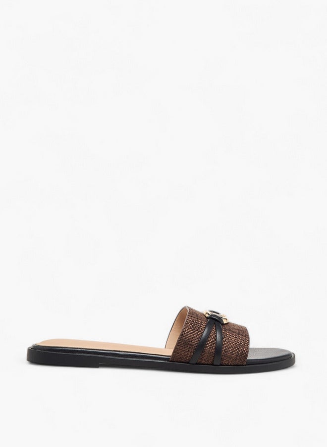 Flora Bella By Shoexpress Women's Textured Slip-On Flat Sandals with Metal Accent  - Image 3