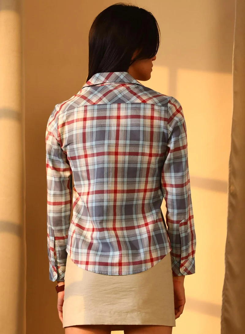 PINACOLADA  Women's Icy Blue & Brick Red Tartan Plaid Boxy Shirt for Women | Best Price UAE