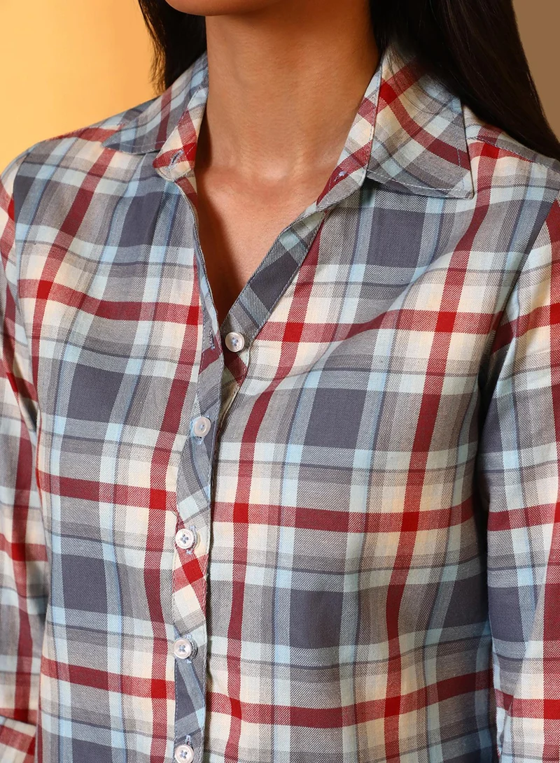 PINACOLADA  Women's Icy Blue & Brick Red Tartan Plaid Boxy Shirt for Women | Best Price UAE