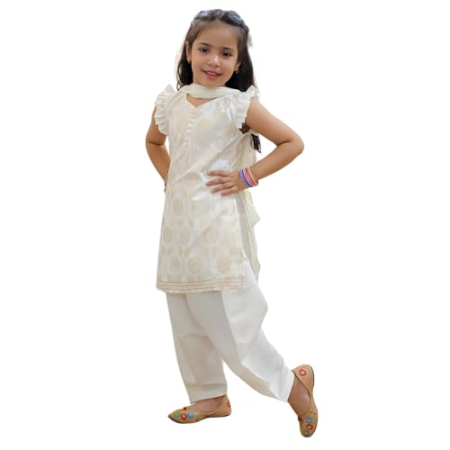 BownBee Chanderi Kurti with Patiala Salwar and Dupatta for Girls-Off white (Set of 1) Solid/Printed colorful full length fully stitched regular fit Ethnic wear dress for Kids-Age_1 to 2 Years - Image 1