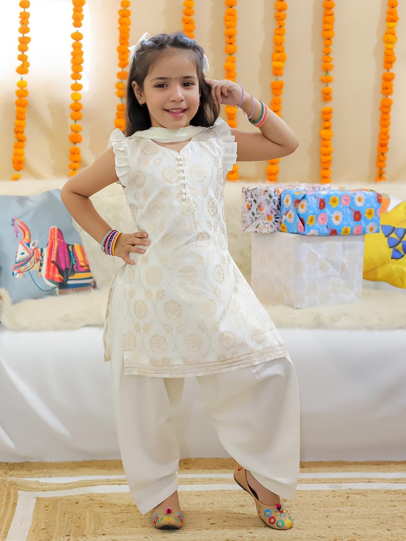 BownBee Chanderi Kurti with Patiala Salwar and Dupatta for Girls-Off white (Set of 1) Solid/Printed colorful full length fully stitched regular fit Ethnic wear dress for Kids-Age_1 to 2 Years - Image 2
