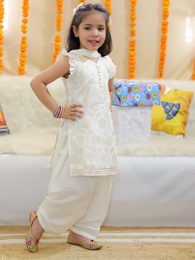 BownBee Chanderi Kurti with Patiala Salwar and Dupatta for Girls-Off white (Set of 1) Solid/Printed colorful full length fully stitched regular fit Ethnic wear dress for Kids-Age_1 to 2 Years - Image 4