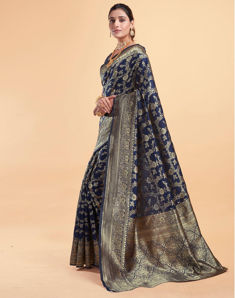 SIRIL Women's Soft Silk Saree | Banarasi Silk Sari | Jacquard Zari Work Saree With Unstitched Blouse Piece (4050S542_Dark Blue) - Image 2