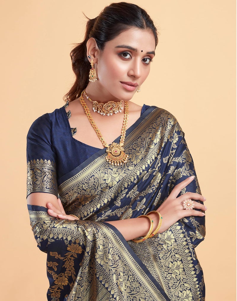SIRIL Women's Soft Silk Saree | Banarasi Silk Sari | Jacquard Zari Work Saree With Unstitched Blouse Piece (4050S542_Dark Blue) - Image 5