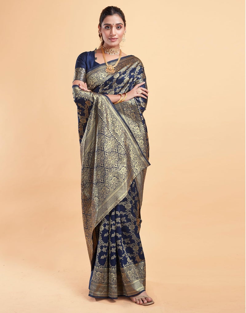 SIRIL Women's Soft Silk Saree | Banarasi Silk Sari | Jacquard Zari Work Saree With Unstitched Blouse Piece (4050S542_Dark Blue) - Image 3