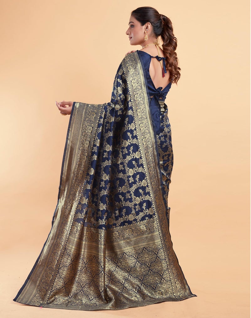 SIRIL Women's Soft Silk Saree | Banarasi Silk Sari | Jacquard Zari Work Saree With Unstitched Blouse Piece (4050S542_Dark Blue) - Image 4