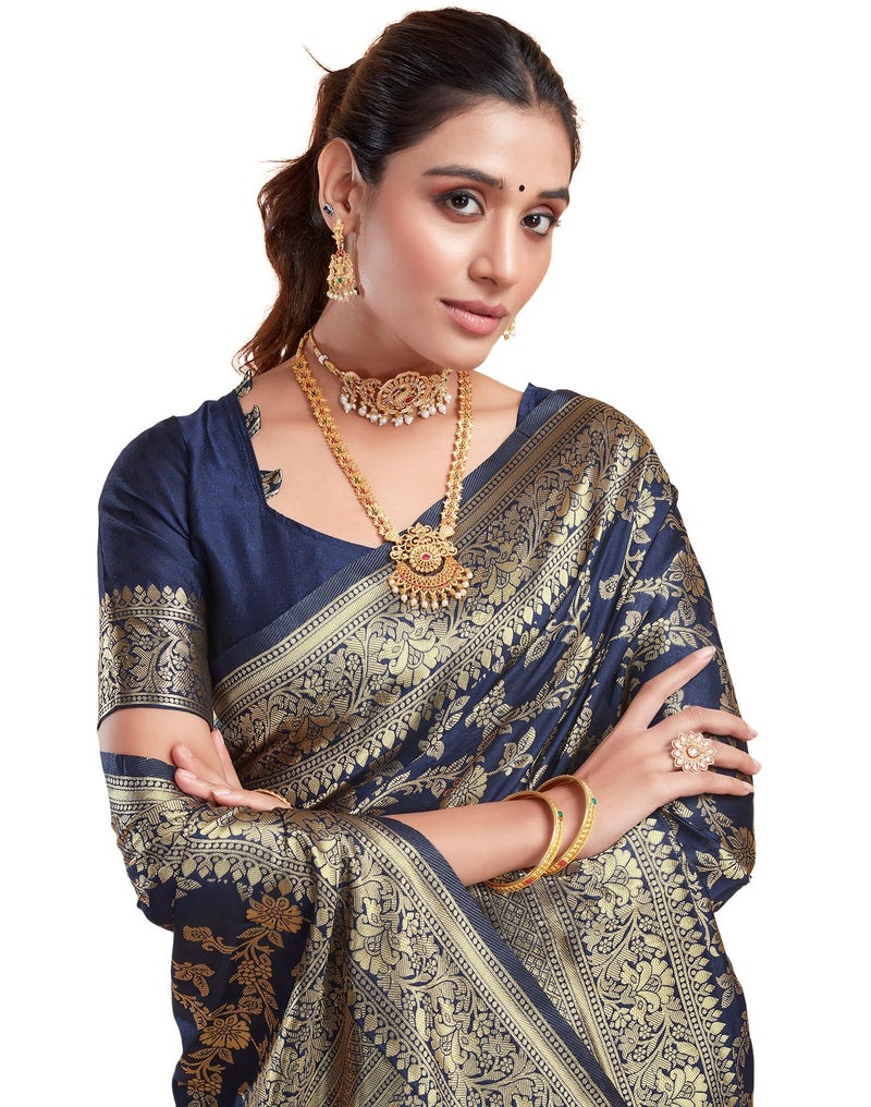 SIRIL Women's Soft Silk Saree | Banarasi Silk Sari | Jacquard Zari Work Saree With Unstitched Blouse Piece (4050S542_Dark Blue) - Image 1