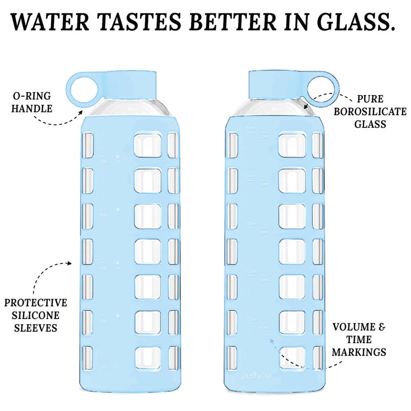 purifyou Premium 40/32/22/12 oz Reusable Borosilicate Glass Water Bottles with Time and Volume Markings  Non-Slip Silicone Sleeve & Stainless Steel Lid Insert  for Water  Milk  Juice (40oz Ice Blue) - Image 3