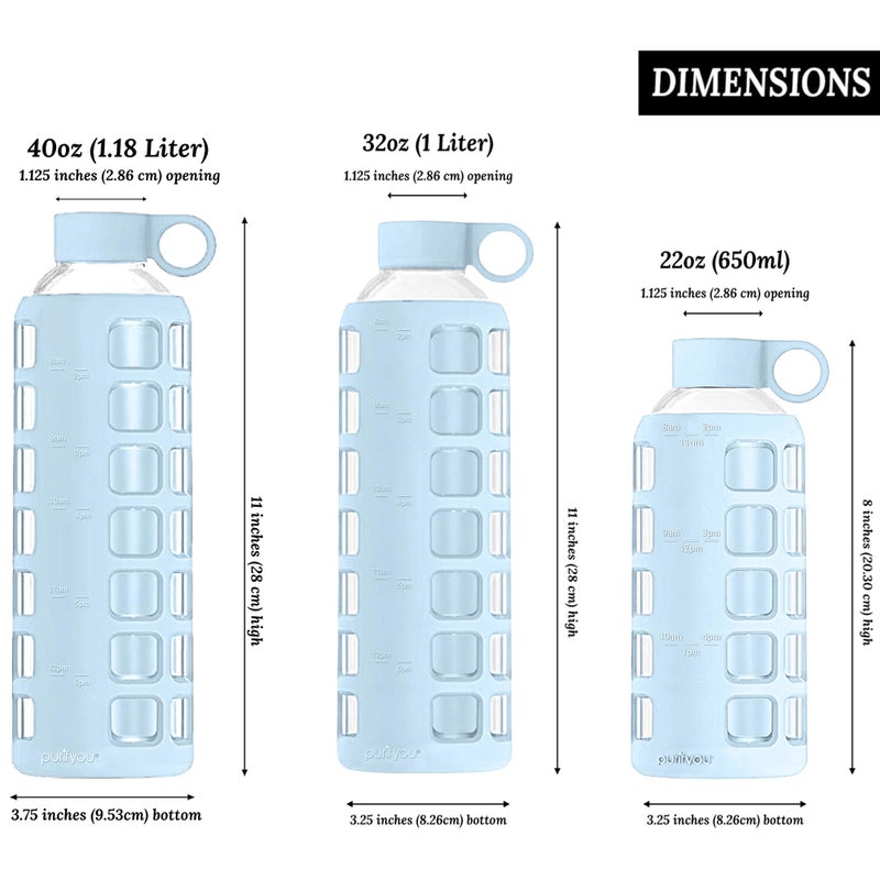 purifyou Premium 40/32/22/12 oz Reusable Borosilicate Glass Water Bottles with Time and Volume Markings  Non-Slip Silicone Sleeve & Stainless Steel Lid Insert  for Water  Milk  Juice (40oz Ice Blue) - Image 2