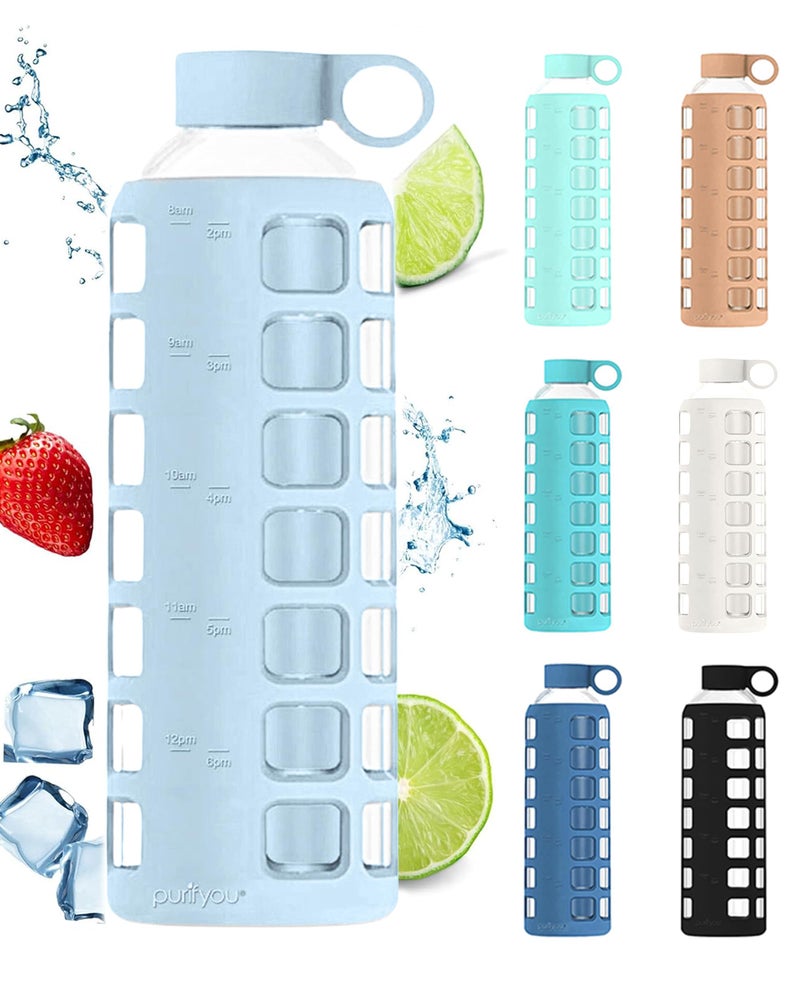 purifyou Premium 40/32/22/12 oz Reusable Borosilicate Glass Water Bottles with Time and Volume Markings  Non-Slip Silicone Sleeve & Stainless Steel Lid Insert  for Water  Milk  Juice (40oz Ice Blue) - Image 1