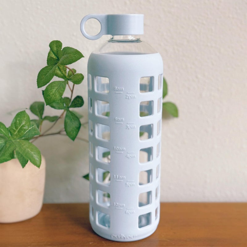 purifyou Premium 40/32/22/12 oz Reusable Borosilicate Glass Water Bottles with Time and Volume Markings  Non-Slip Silicone Sleeve & Stainless Steel Lid Insert  for Water  Milk  Juice (40oz Ice Blue) - Image 5