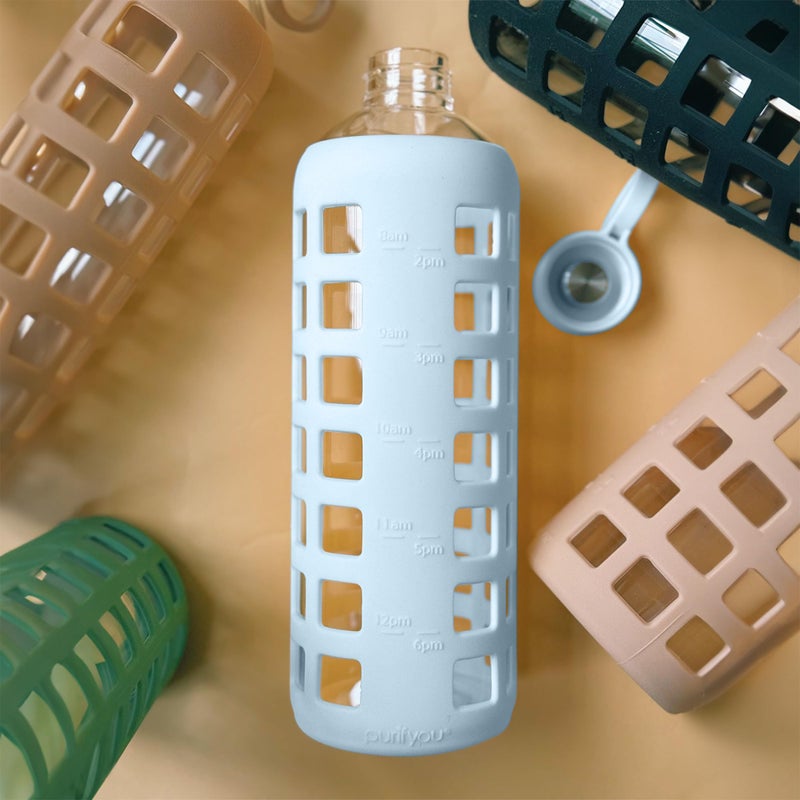 purifyou Premium 40/32/22/12 oz Reusable Borosilicate Glass Water Bottles with Time and Volume Markings  Non-Slip Silicone Sleeve & Stainless Steel Lid Insert  for Water  Milk  Juice (40oz Ice Blue) - Image 4