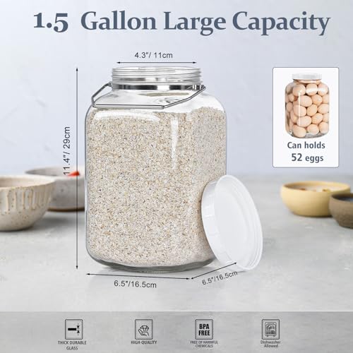 Folinstall 2 Pack 1.5 Gallon Glass Jar with Lid Wide Mouth, Large Mason Jar with Airtight Screw Lid and Handle, Clear Glass Storage Containers with 2 Scale Mark for Flour, Cookie, Candy, Kombucha and Fermention - Image 3