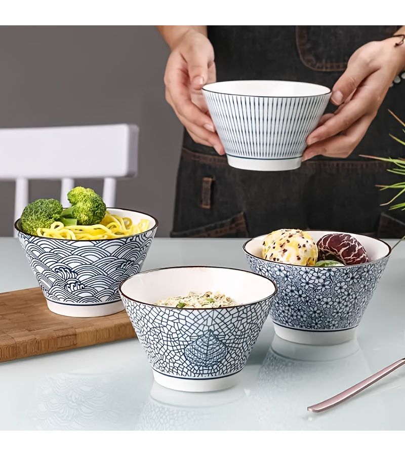 4 Pcs Handmade Ceramic Bowl Set Underglaze Color Japanese Style Ramen Bowl Rice Soup Bowl Dishwasher And Microwave Safe Tableware - Image 1