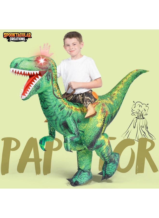 سبوكتاكيولار كريشنز زي تنين قابل للنفخ من Spooktacular Creations للأطفال للهالوين، عيون ديناصور بإضاءة LED، زي تنين قابل للنفخ، طباعة رقمية على شكل تي ريكس لحفلات الهالوين، مقاس M  - Image 1