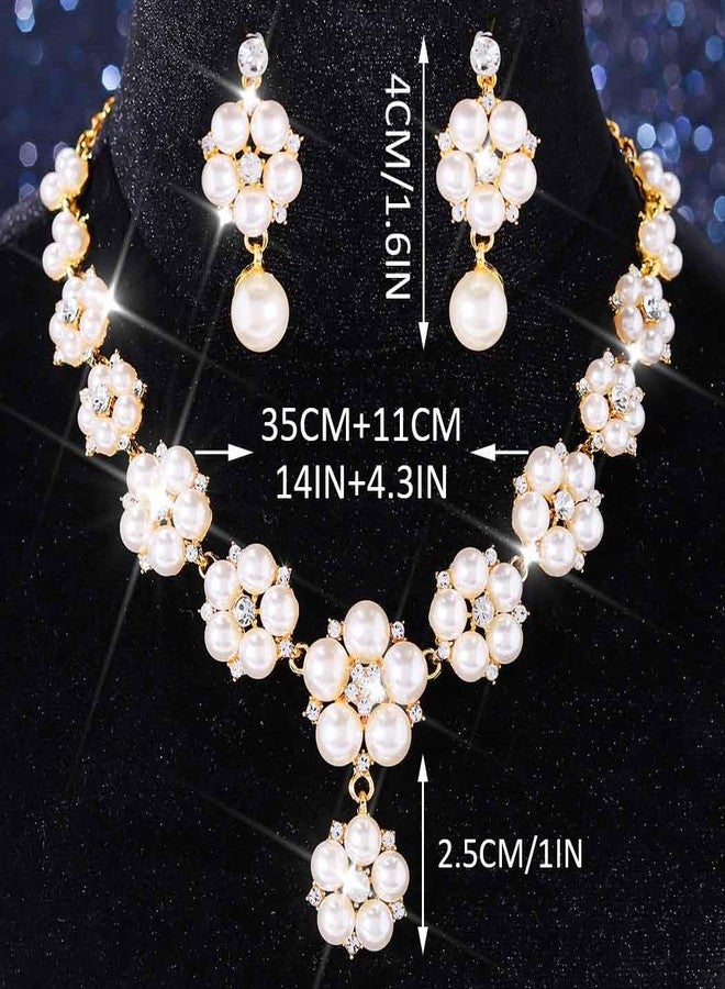 Unicra Gold Pearl Jewelry Set Bridal Wedding Necklace Earrings Sets Rhinestone Indian Jewelry Sets for Women and Brides (Gold) - Image 2