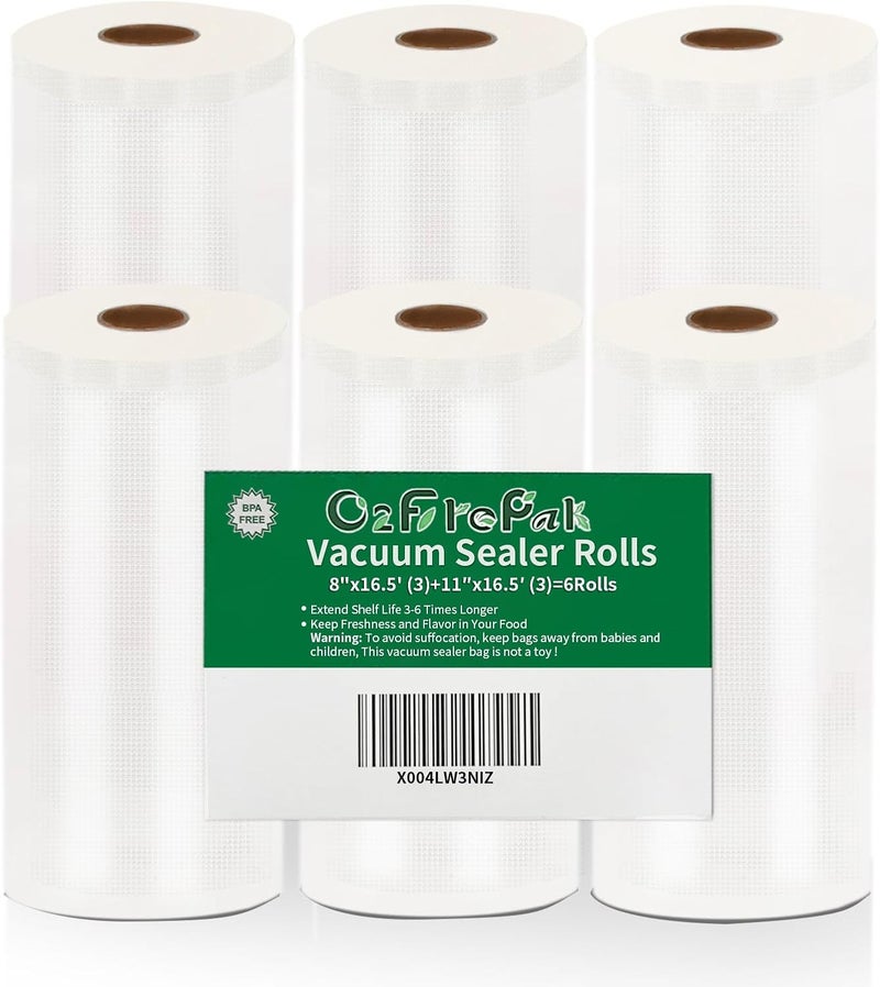 O2frepak أكياس لفة مفرغة من الهواء O2frepak 6Pack 20x500 سم (3 لفات) و 28x500 سم (3 لفات) مع خالية من مادة BPA، أكياس تخزين مفرغة من الهواء متينة، لفة مقطوعة حسب الحجم، ممتازة للطهي بطريقة السو فيد. - Image 1
