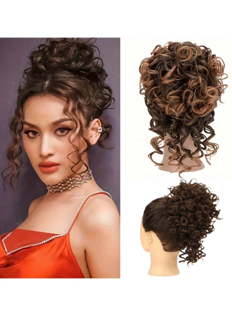 Joudi Dark Brown to Brown Ombre Hairpiece, 20cm Curly Bun with Synthetic Fiber - Secure Clips (Dark Brown Ombre) - Image 1