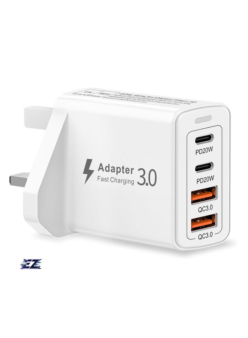 ELTRAZONE USB C Plug Fast Charge, 40W 4-Port Multi USB Charger Plug UK Dual Port PD Power Adapter + QC Wall Plug, Multiport Mains Type C Charging Plug for iPhone 16, 15, 14, 13 Pro Max, XS XR 8 SE, Samsung, iPad - Image 1