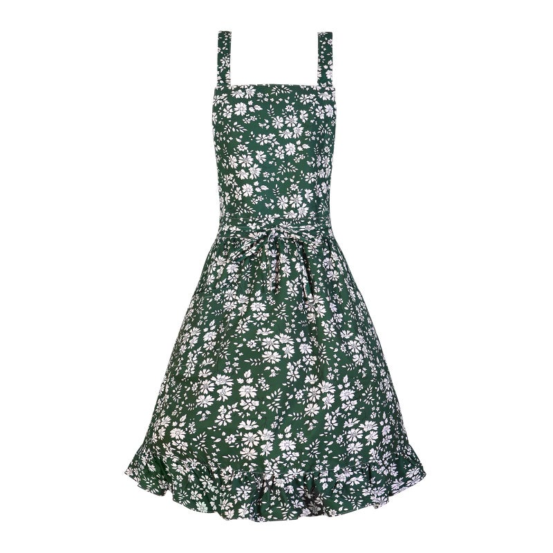 Pinknoke Vintage Pinafore Apron Dress for Women with Pockets Cute Floral Chef Aprons for Kitchen Cooking Baking Gardening Green