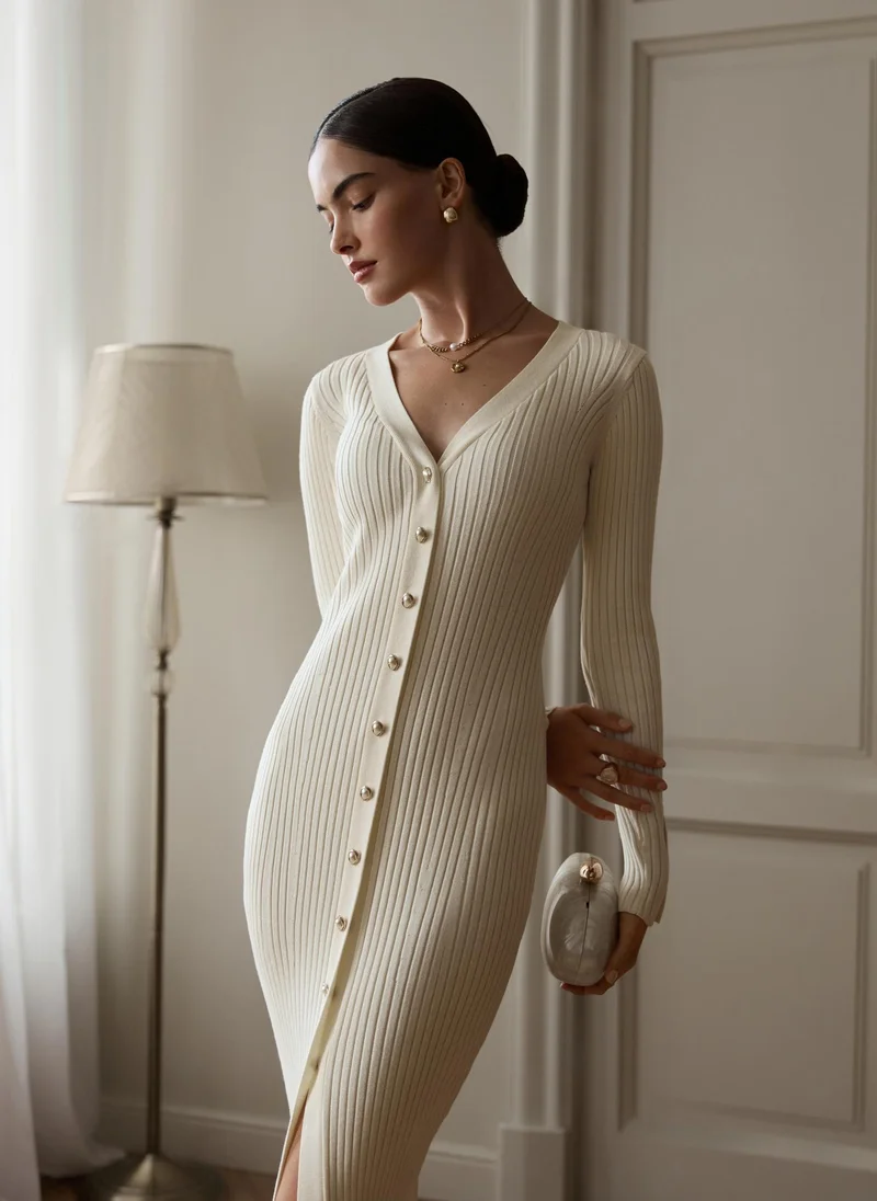 Lichi Viscose midi dress with golden buttons