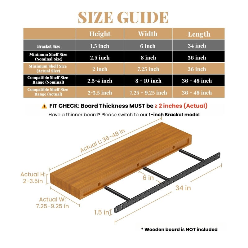 Craftersmark 2pcs Floating Shelf Hardware Heavy Duty Hidden Shelf Brackets Support,Wall Mounting Invisible Floating Shelves Bracket (34" x 6" x 1.5" with Tools) - Image 2