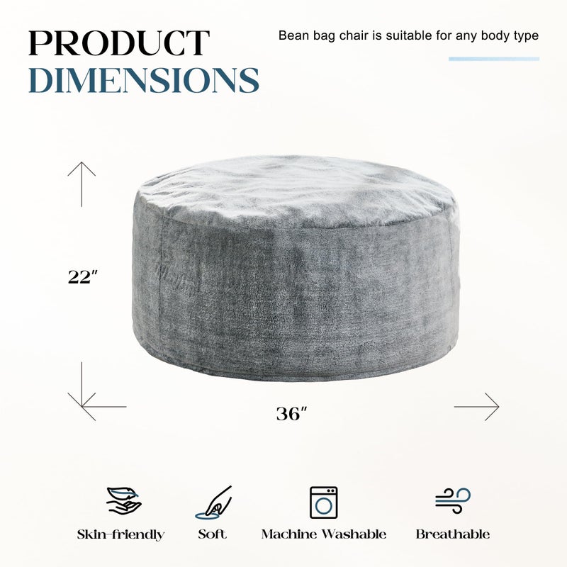 Hobestluk Bean Bag Chairs Giant Beanbag Chair with Filler, Memory Foam Bean Bags with Fluffy & Machine Washable Cover, Bean Bag Chairs for Aduts for Living Room, Bedroom (Grey, 3FT - 36â€ x 36â€ x 22â€) - Image 2