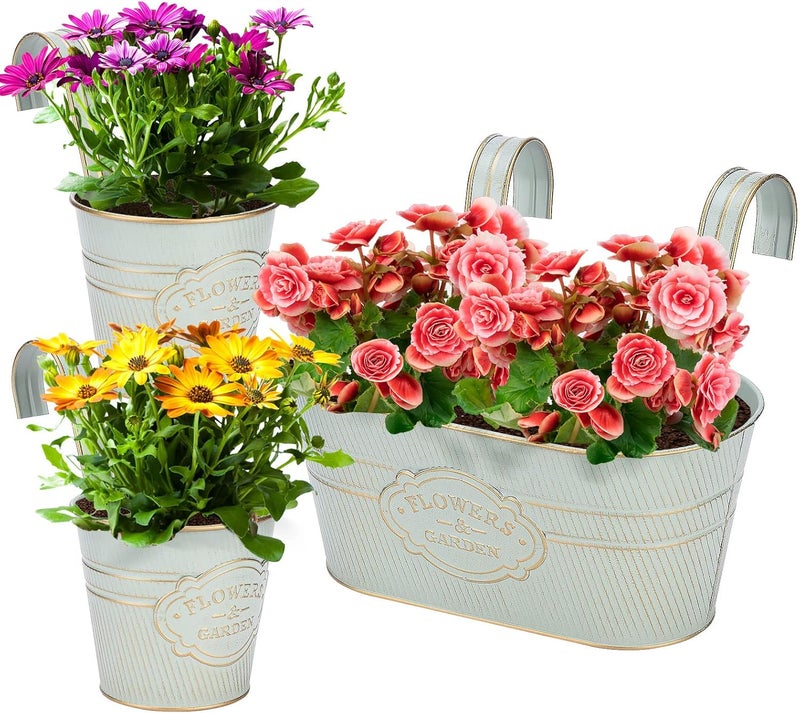 PerGar Vintage Metal Iron Wall Hanging Flower Pots, Rustic Planter Bucket Herb Flower Plant Holder with Detachable Hooks & Drainage Hole for Railing Fence Balcony Deck Garden Home Decoration, Set of 3 - Image 1