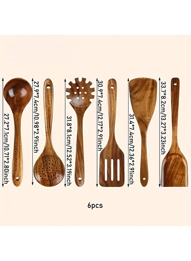 6 Wooden Kitchen Utensils Set Nonstick Safe Spoons Turner Skimmer - Image 5