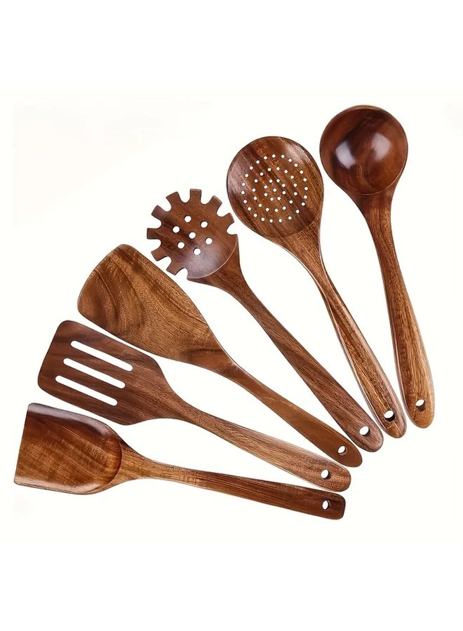 6 Wooden Kitchen Utensils Set Nonstick Safe Spoons Turner Skimmer - Image 1