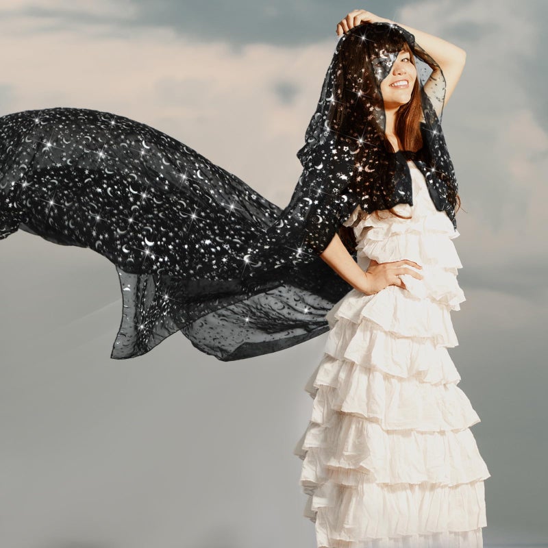 Geyoga Black Celestial Witch Costume Halloween Stars & Moon Wedding Tulle Cape Hooded Elf Cloak Gothic Costume for Cosplay - Image 5